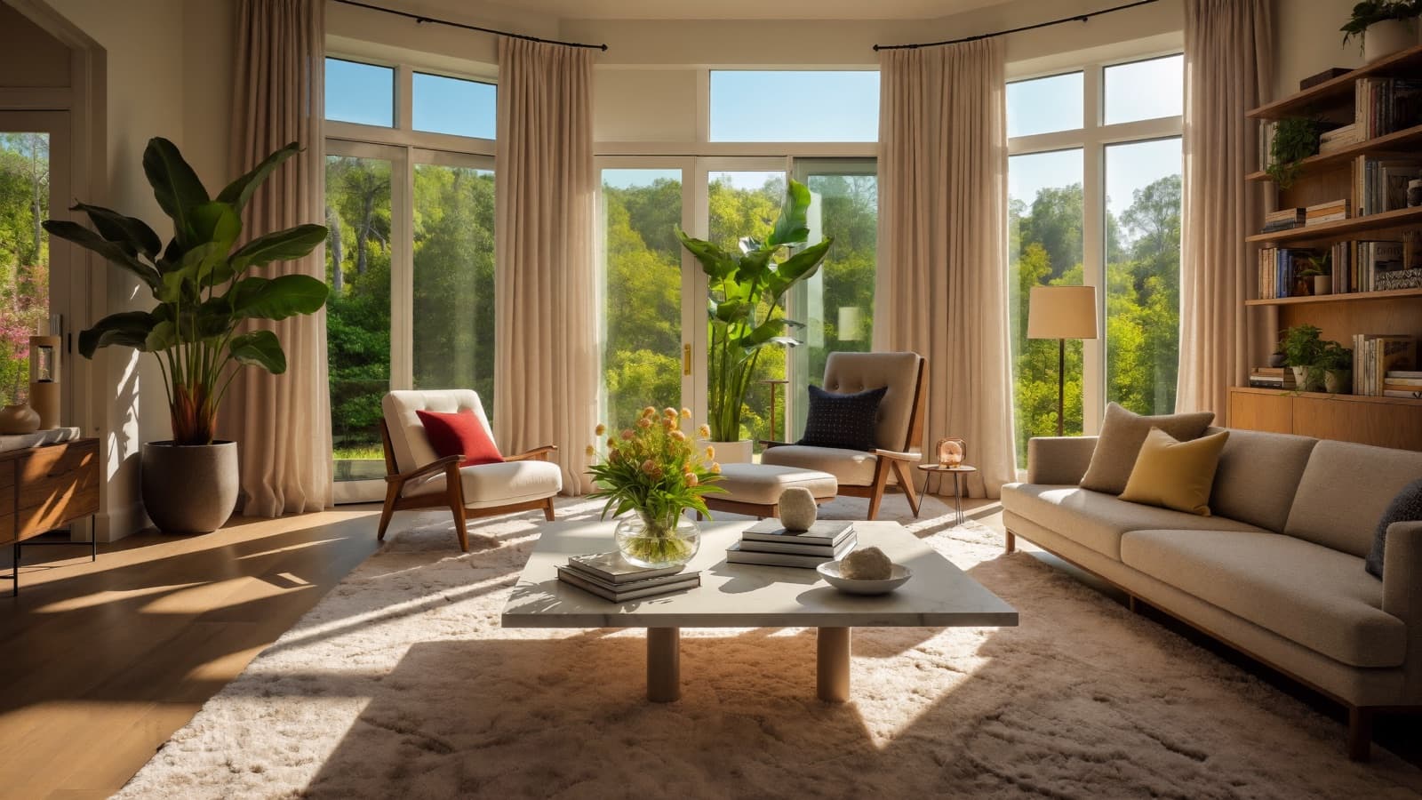 Bright, welcoming living room with sunlight streaming through the windows
